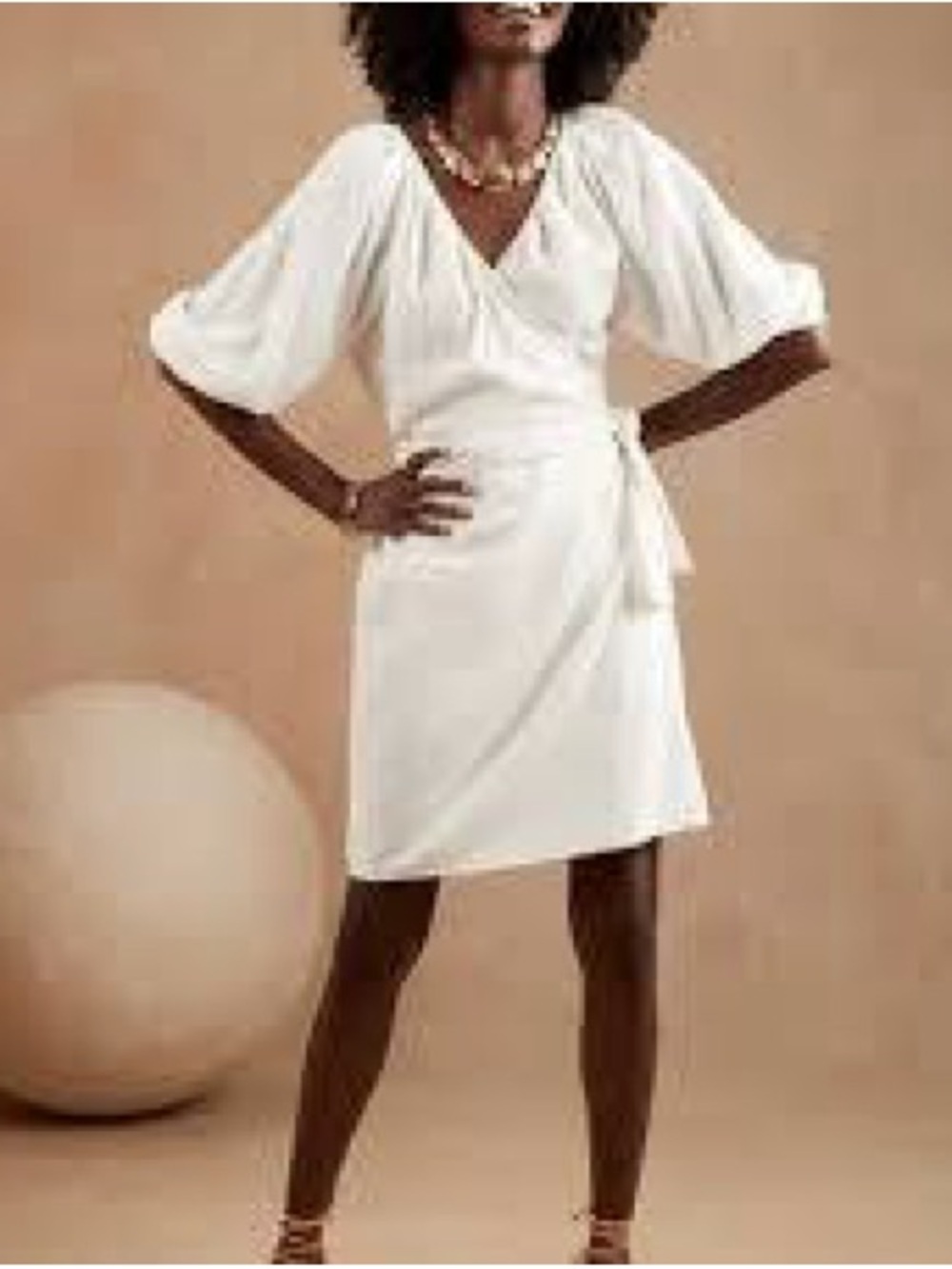 Banana Republic Cream Wrap Dress with Puff Sleeves. Resort wear. Cottagecore.